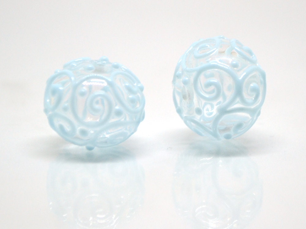 Clear hollow glass beads with blue curls, Artisan lampwork beads, Winter glass beads, Snow design beads, Snow jewelry making