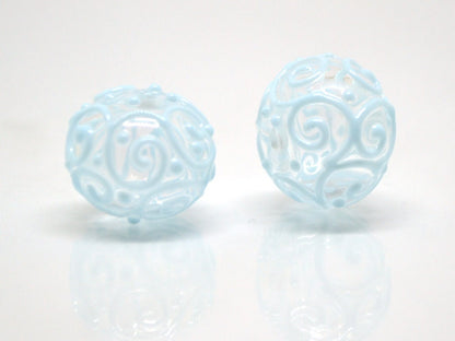 Clear hollow glass beads with blue curls, Artisan lampwork beads, Winter glass beads, Snow design beads, Snow jewelry making