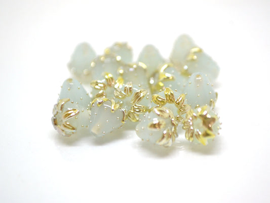 Pale blue berry beads with gold, Blue gold strawberry beads, Tiny glass beads, Blue 7mm beads, Handmade lampwork