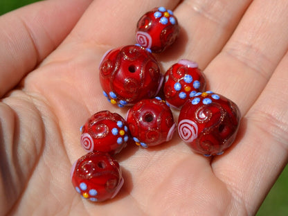 Murano glass red beads with blue pink flowers, Italian glass beads, Red glass beads, Venetian glass, Unusual beads, Bordeaux, vintage bead