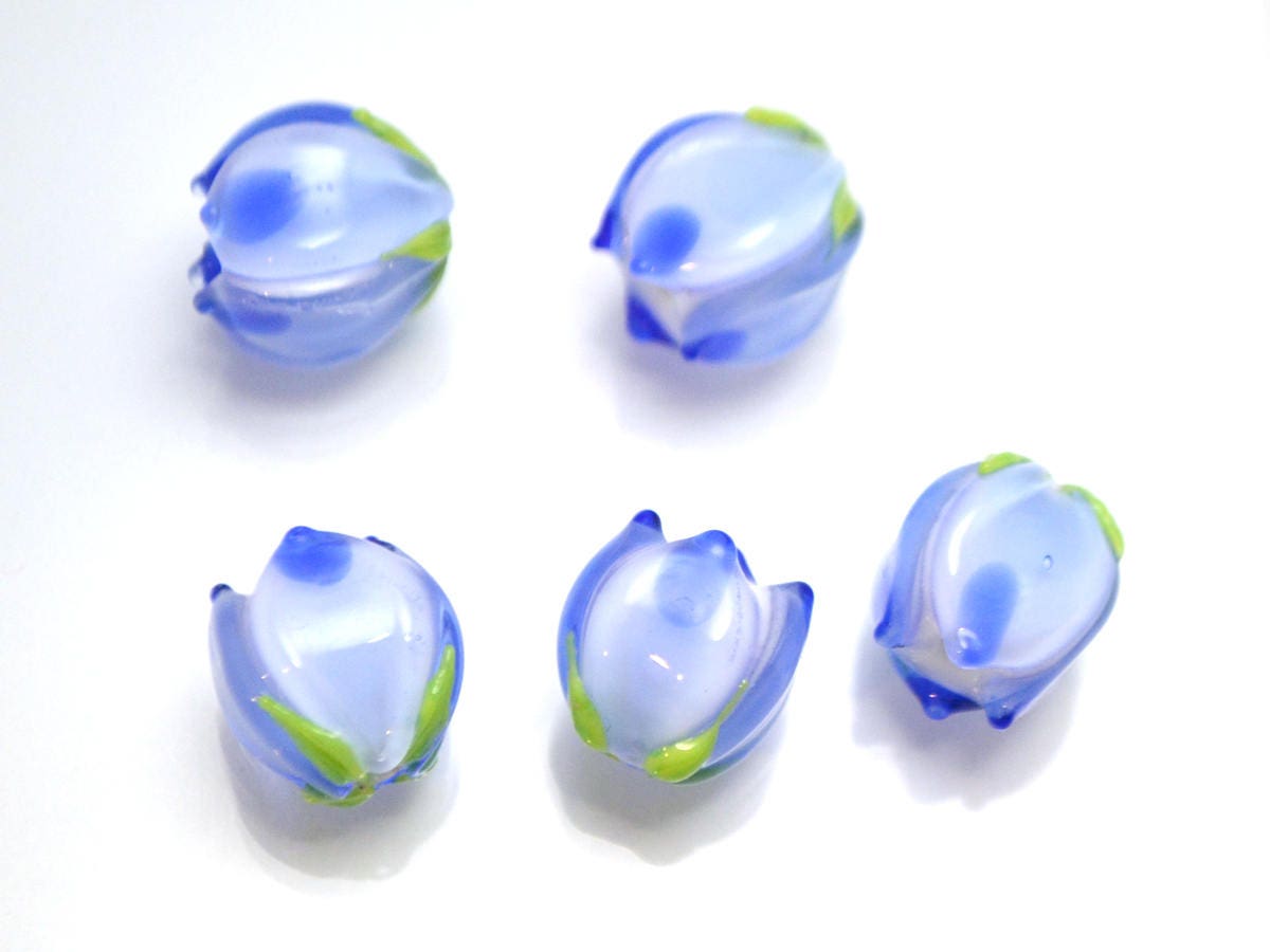 blue flower lampwork bead Tender floral glass bud Spring spot bead jewelry making Artisan lampwork Blue white set Small light blue spacer