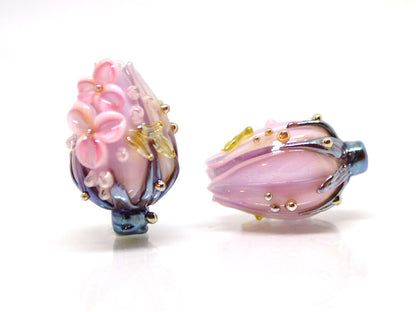 Glass flower bouquet on lampwork bud beads, Miniature glass flowers, Artisan lampwork, Light pink glass flower beads