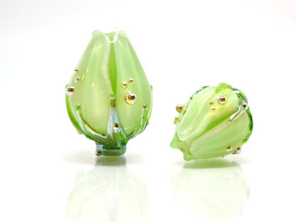 Mint green lampwork flower beads, Handmade lampwork beads, Floral glass pendant, Fresh green glass beads