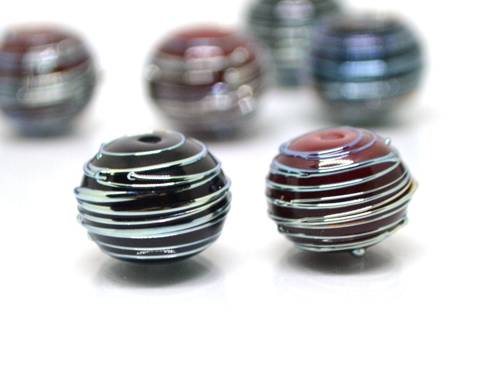 Black Red lampwork Handmade Beads, Stripes beads, Silver Stains beads, silver patterns, electric beads
