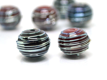 Black Red lampwork Handmade Beads, Stripes beads, Silver Stains beads, silver patterns, electric beads