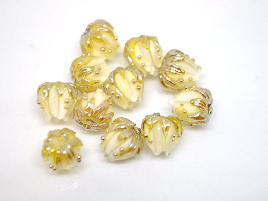 White flower beads with gold leaves, Tiny glass beads, 7mm flower beads, Small lampwork beads