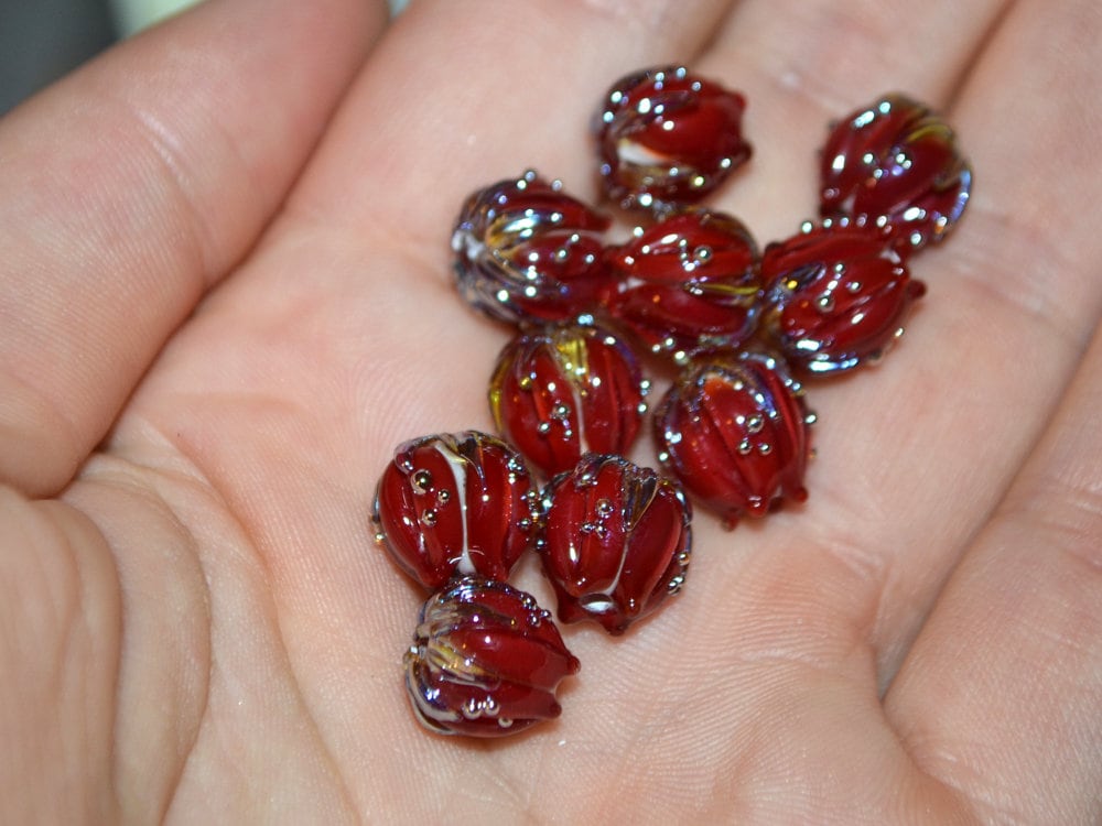 Flower lampwork bead, 10mm Dark red flower bud with silver, Artisan lampwork bead sets, Floral lampwork Bordeaux Garnet Glass beads Handmade