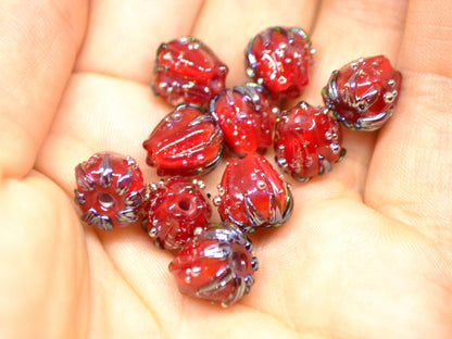 Bright red sparkle flower beads with silver dots, Floral lampwork, 10mm glass beads