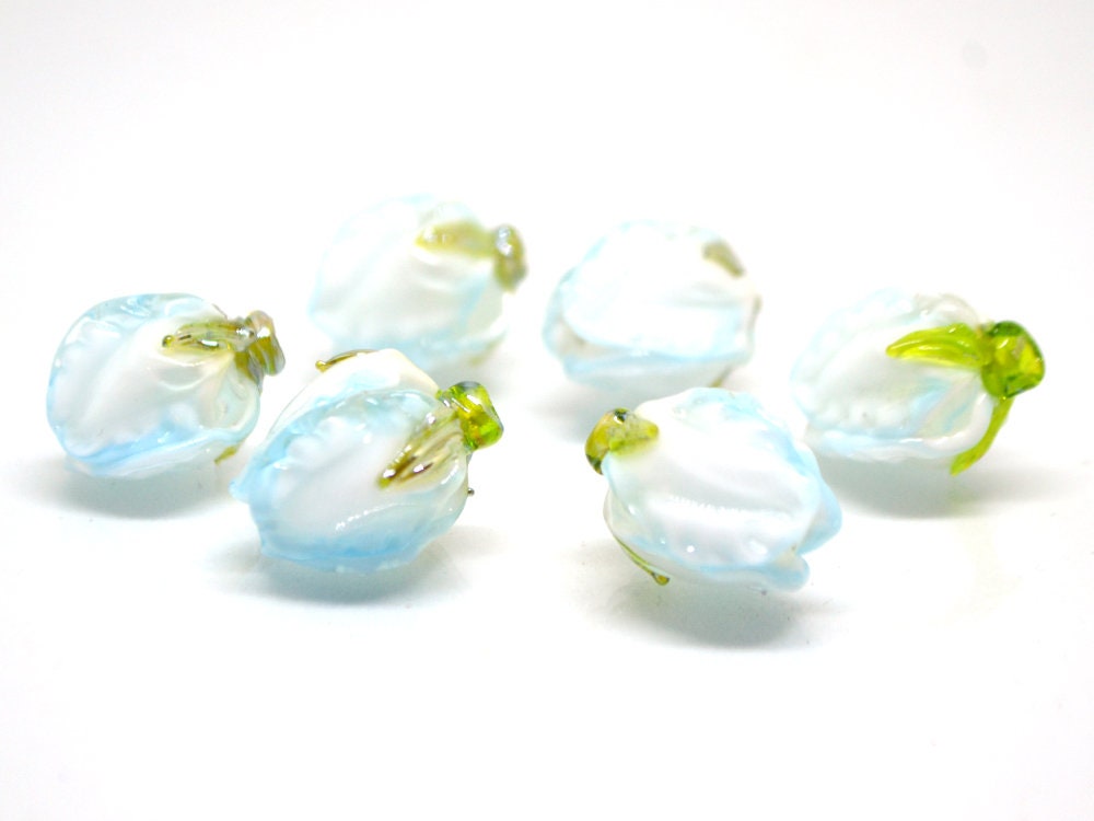 Pale blue glass beads, Lampwork flower beads, Sky blue beads, White blue glass beads, Romantic lampwork, Artisan lampwork, Something blue