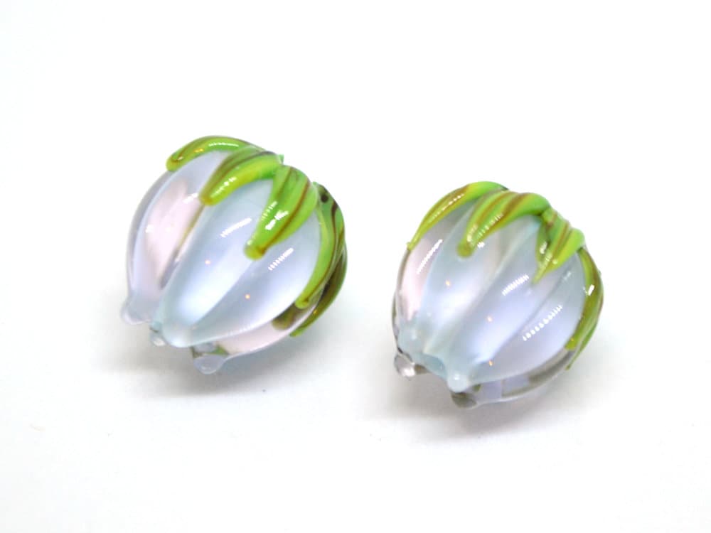 Pale blue and pink flower beads, Pastel Floral glass beads with green leaves, 12mm flower beads, Easter, Artisan lampwork