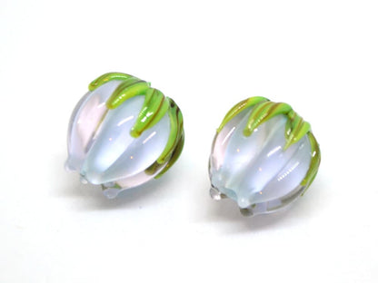 Pale blue and pink flower beads, Pastel Floral glass beads with green leaves, 12mm flower beads, Easter, Artisan lampwork