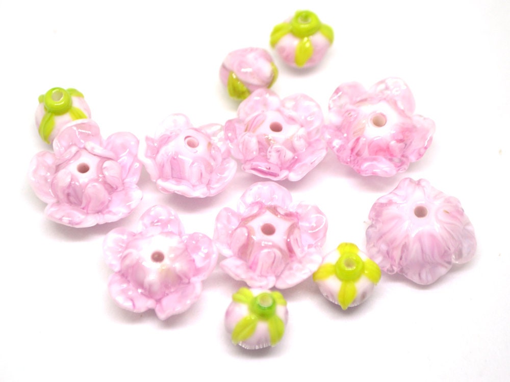 Lampwork peony beads, Glass flower beads, Pink floral beads, Handmade glass work, Focal lampwork, Lampwork Flower Bud Bead, SRA beads,Murano
