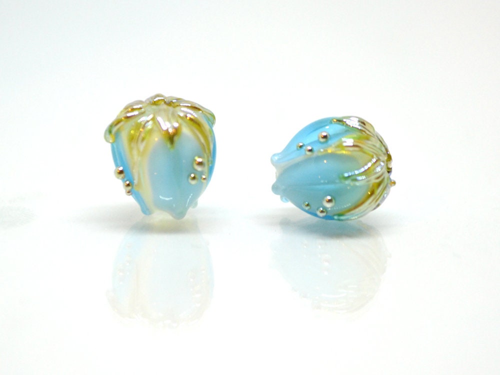 Lampwork glass flower beads 10mm, Light aquamarine flower buds with green gold leaves, Handmade lampwork, blue glass beads, Something blue