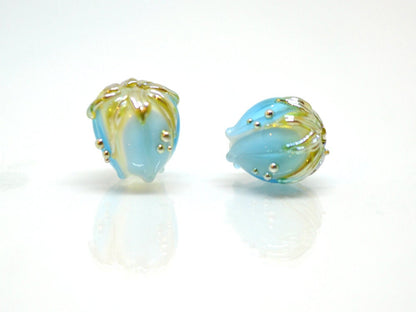 Lampwork glass flower beads 10mm, Light aquamarine flower buds with green gold leaves, Handmade lampwork, blue glass beads, Something blue