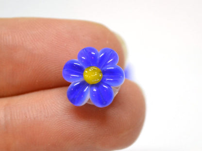 Blue Lampwork Chamomile beads, Cobalt blue Chamomile flower bead, Blue and yellow beads, Beads for bracelet, Blue flower bead, Blue lampwork