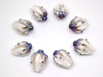 White flower glass beads, White blue gold lampwork beads handmade, Wedding jewelry making Beads for earrings Flower pendant Artisan lampwork