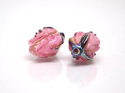 Amazing pink lampwork flower beads, Pink white glass floral beads, Focal lampwork beads