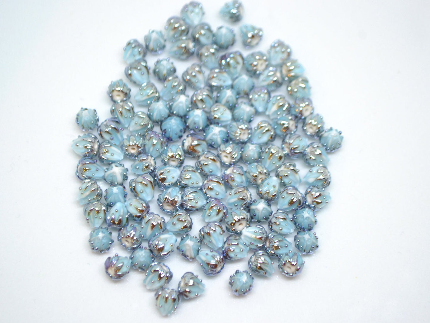 Very small 7mm pale blue and silver flower glass beads, Tiny flower beads,  Half drilled beads, Drilled Flowers