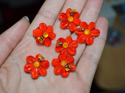 Lampwork Chamomile flower beads with bee, Red glass beads, Floral lampwork, Lentils beads, Summer glass beads, Artisan lampwork, red flower