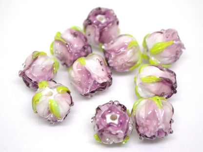 Amethyst white rosebud beads, Lilac floral lampwork, Lilac glass beads, DIY Jewelry, Flower glass beads, Flower Jewelry, Made for order