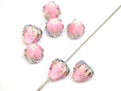 Tender Pale pink glass flower beads gold leaves, Artisan lampwork, 10mm flower bead, Pastel pink beads