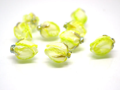 Light green glass beads, Lampwork floral beads, Salad green beads, White green glass beads, Beads for earrings, Artisan lampwork, bud beads