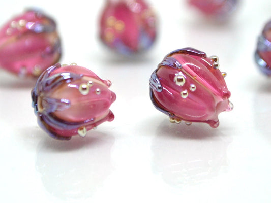 Bright pink flower beads silver, 10mm flower beads, lampwork rose buds, floral theme beads, Floral lampwork, Lampwork bead set, Handmade