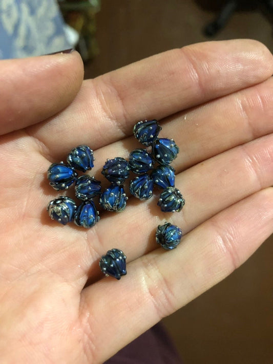 Cute 7mm black blue and silver floral glass beads, very small flower beads,  Half drilled beads, Mini flower bud beads