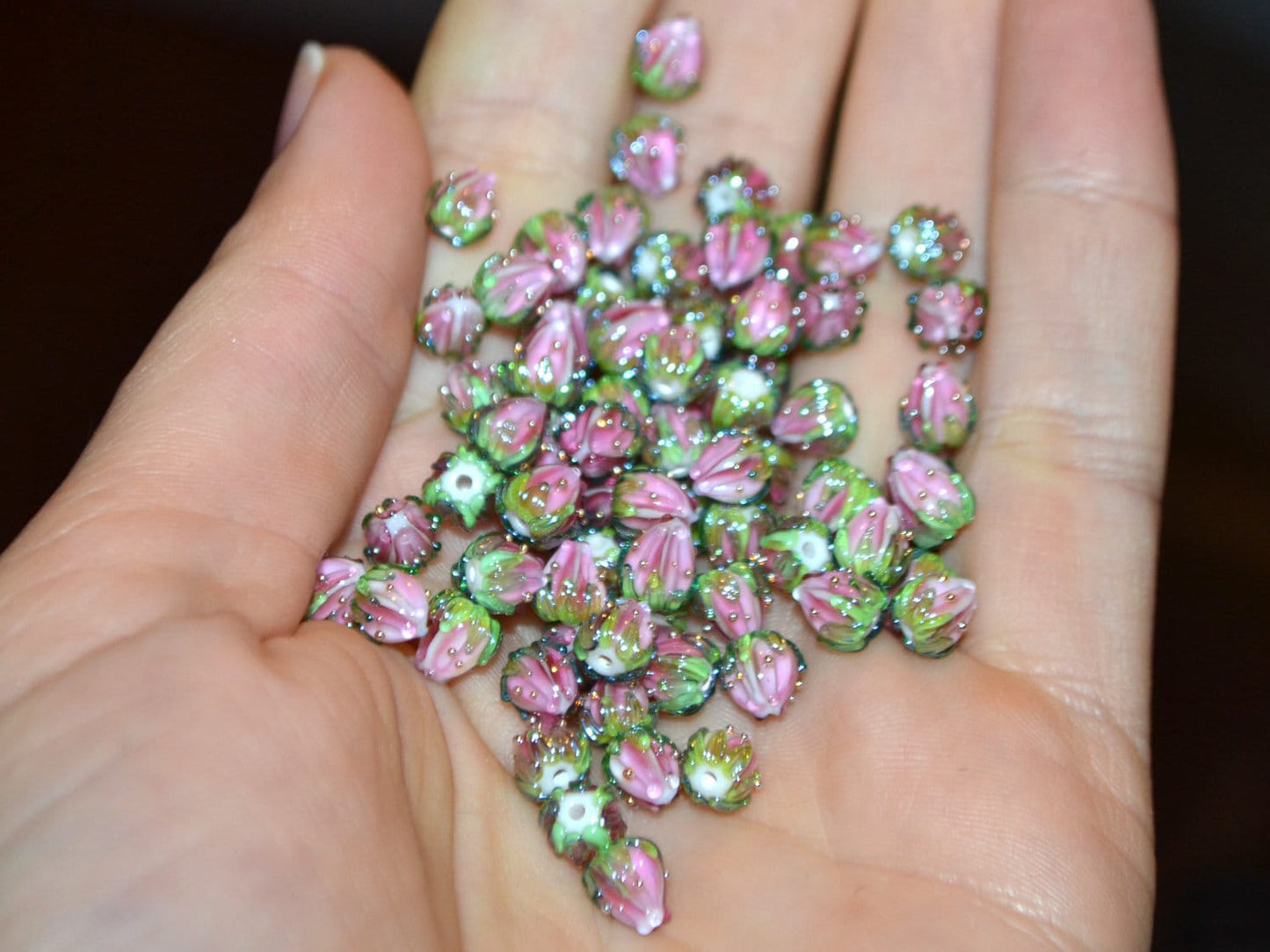 Light pink flower beads with green leaves, Tiny glass beads, through hole, 7mm flower beads, Artisan lampwork,
