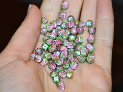 Light pink flower beads with green leaves, Tiny glass beads, through hole, 7mm flower beads, Artisan lampwork,