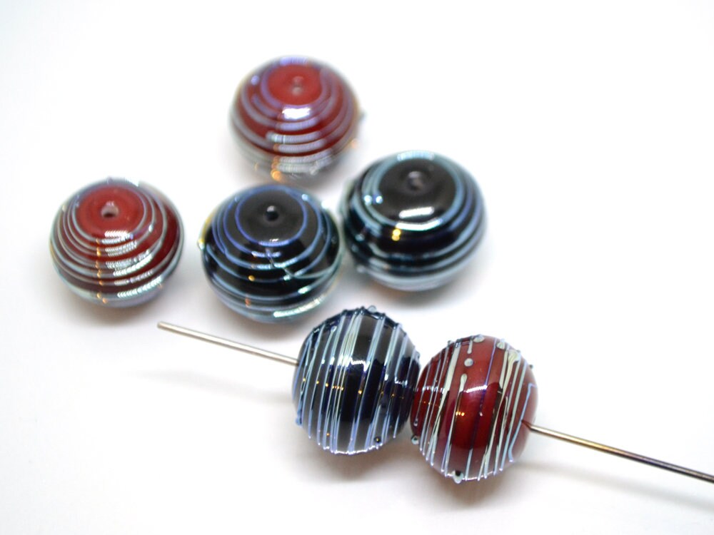 Hollow Black lampwork Beads, Stripes beads, Silver lines beads, Hollow red beads, Focal lampwork