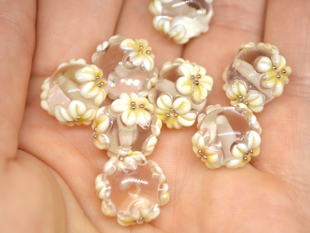Ivory floral lampwork glass beads, Ivory flowers on transparent beads, Rondelle beads, Wedding bracelet, Jewelry making, Artisan lampwork