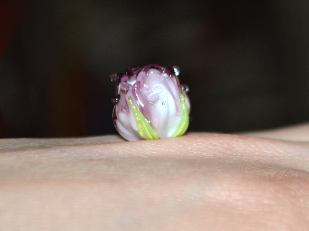 Amethyst white rosebud beads, Lilac floral lampwork, Lilac glass beads, DIY Jewelry, Flower glass beads, Flower Jewelry, Made for order