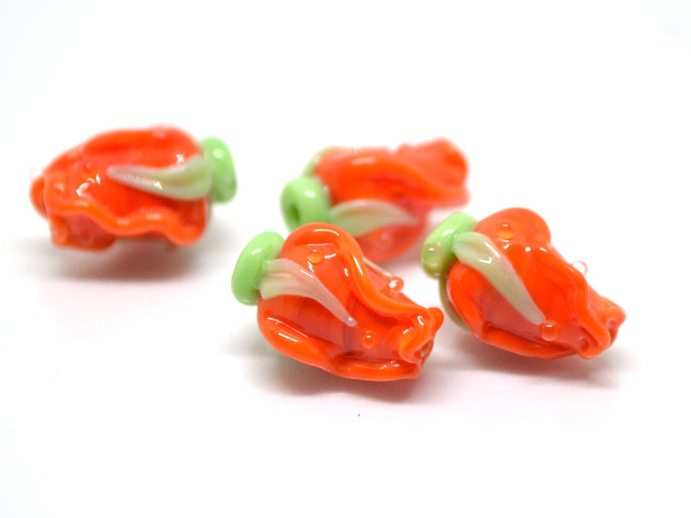 Orange rose bud beads, Lampwork Glass rosebud beads, Lampwork rose flower, Focal lampwork beads