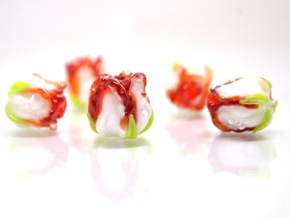 Red white rosebud beads, Red floral lampwork, Lampwork Earrings DIY, Glass rose beads, Spring lampwork, SRA beads, Lampwork pair