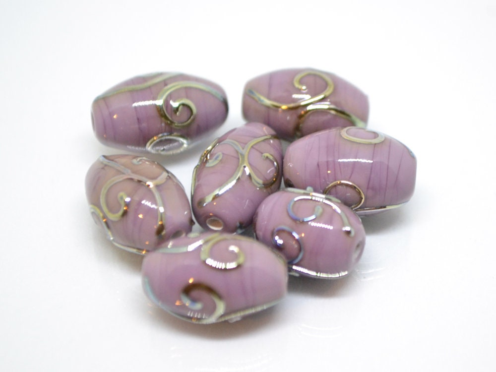 Purple glass lampwork oval beads with silver swirl texture lavender earrings beads, rhombus beads, oval glass beads, handmade glass beads