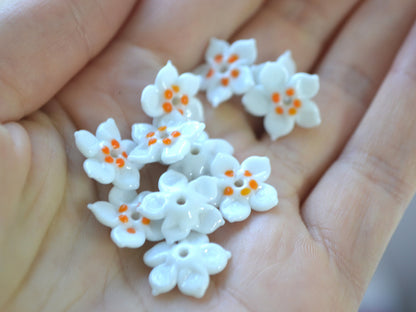 White orange glass flower beads, 5 Petals floral lampwork, Field flower bead, Meadow flowers, Artisan lampwork bead