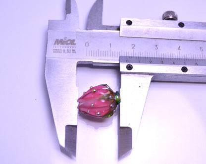 pink flower lampwork bead rose gold dots bud artisan handmade glass jewelry making dew green Leaf floral beads for earrings pendant wedding