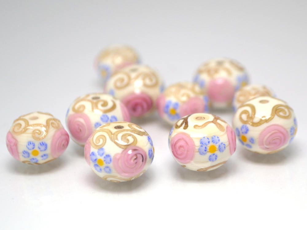 murano glass ivory lampwork ethnic beads jewelry making venetian italian handmade bead beige pink blue artisan lampwork round gold curles