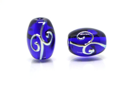 Cobalt blue rice glass beads silver curles, Barrel Oval lampwork beads for you, Artisan lampwork, Jewelry supplies earrings making spacer