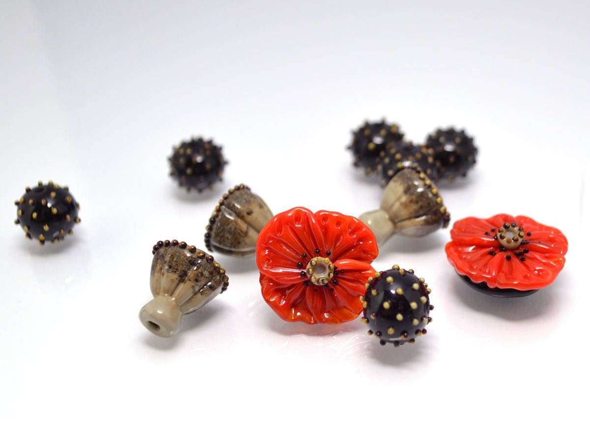 lampwork bead set Red flower glass bead  Floral Lampwork seed box bead artisan lampwork handmade red black bead jewelry making