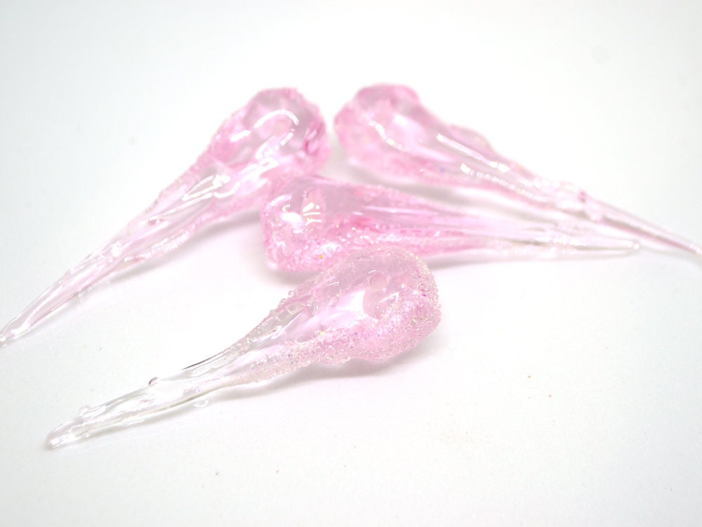 Pink Icicle Glass Beads, Christmas Beads, Transparent Glass beads, Snow Lampwork, Mini christmas tree decor, Holiday beads, Artisan lampwork