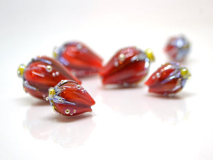 Deep red lampwork flower beads, Dark red glass floral beads, Large flower beads, Floral glass pendant, Focal lampwork