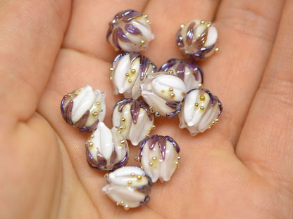 White 10mm flower lampwork beads purple gold, Wedding jewelry making, White necklace, Lampwork art, Glass flower beads Floral beads Handmade