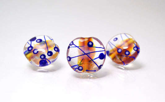 Lines glass beads for jewelry making set beads lampwork handmade artisan beads clear blue orange lentils lampwork necklace bead making