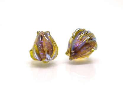 Purple green flower beads, Purple yellow floral beads, Netting pattern beads, 7mm glass beads, Tiny flower beads, Artisan lampwork beads