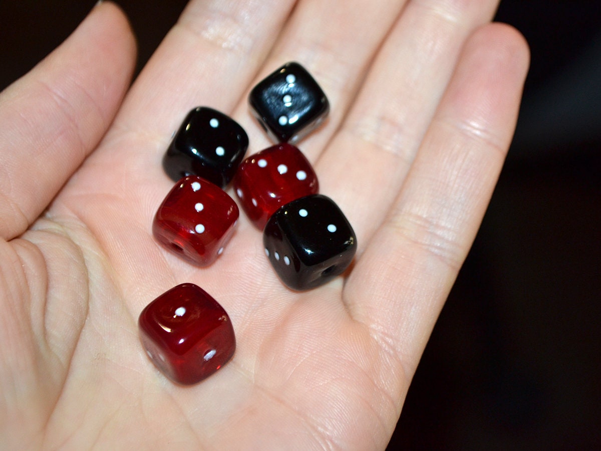 Black Red dice beads, Glass cube beads, Handmade lampwork beads, Casino lover, Funky dice glass beads, black dice, red dice